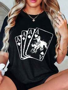 Camiseta de algodón con estampado de póker de cuatro cartas y diamantes negros, cuello redondo, manga corta, informal, para todas las estaciones, ropa de mujer 2026, ropa de verano fresca para mujer. - Negro - Ver 6