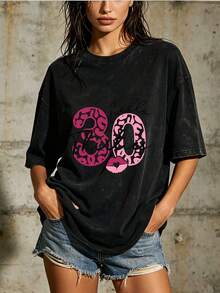 Women's Casual Blouse, Simple Style For Everyday Wear, Hello Thirties, 180g Leopard Print T-Shirt For Women -- Ideal Gift For 30th Birthdays, Family Gatherings, And Corporate Events! Comfortable, Soft, And Simple Short Sleeve Top For Everyday Wear. - 黑色 - 查看 1