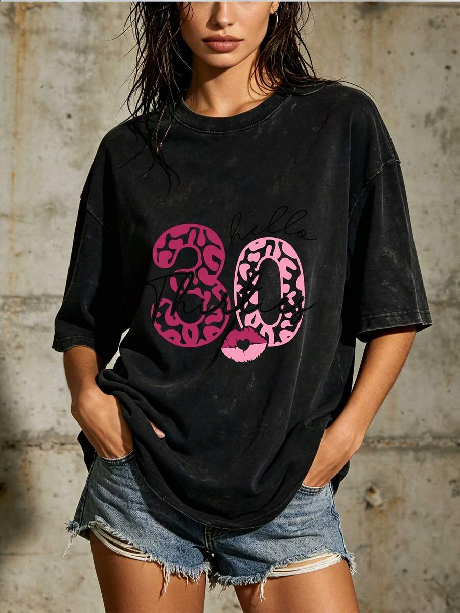 Women's Casual Blouse, Simple Style For Everyday Wear, Hello Thirties, 180g Leopard Print T-Shirt For Women -- Ideal Gift For 30th Birthdays, Family Gatherings, And Corporate Events! Comfortable, Soft, And Simple Short Sleeve Top For Everyday Wear. - 黑色 - 查看 1