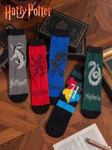 Noctvar OBM Sleepwear X Harry Potter 5双哈利波特学院徽章中筒袜，格兰芬多、斯莱特林、拉文克劳、赫奇帕奇主题粉丝周边，可爱卡通图案，时尚休闲舒适透气学生袜，适合日常穿着、返校季、节日礼物 - 彩色 - 查看 5
