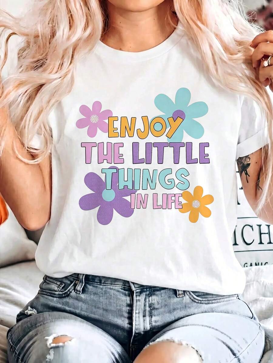Women's Casual Round Neck Short Sleeve T-shirt with Colorful Floral Print and Fun Slogan 'Enjoy the Little Things in Life' Relaxed Fit Drop Shoulder Top - Blanco - Ver 1