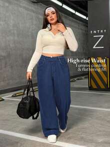 Jeans rectos casuales elásticos de talla grande para mujeres - Azul lavado oscuro - Ver 4