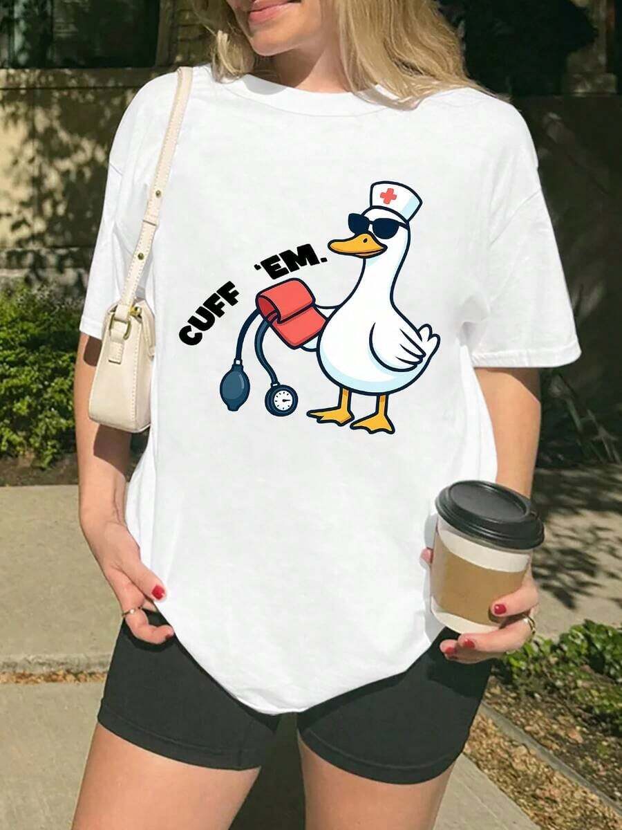 1 pieza de camiseta para mujer con estampado de enfermera de urgencias, manga corta, cuello redondo, estilo casual, adecuada para primavera y verano. 180g Algodón 100%. - Blanco - Ver 1