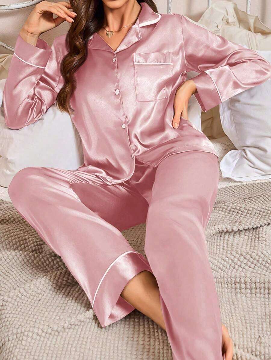Moireta Conjunto de pijama de top de satén con cuello de solapa y botones con ribete de contraste y pantalones, detalles acogedores y elegantes, ropa de otoño e invierno - Rosa - Ver 1