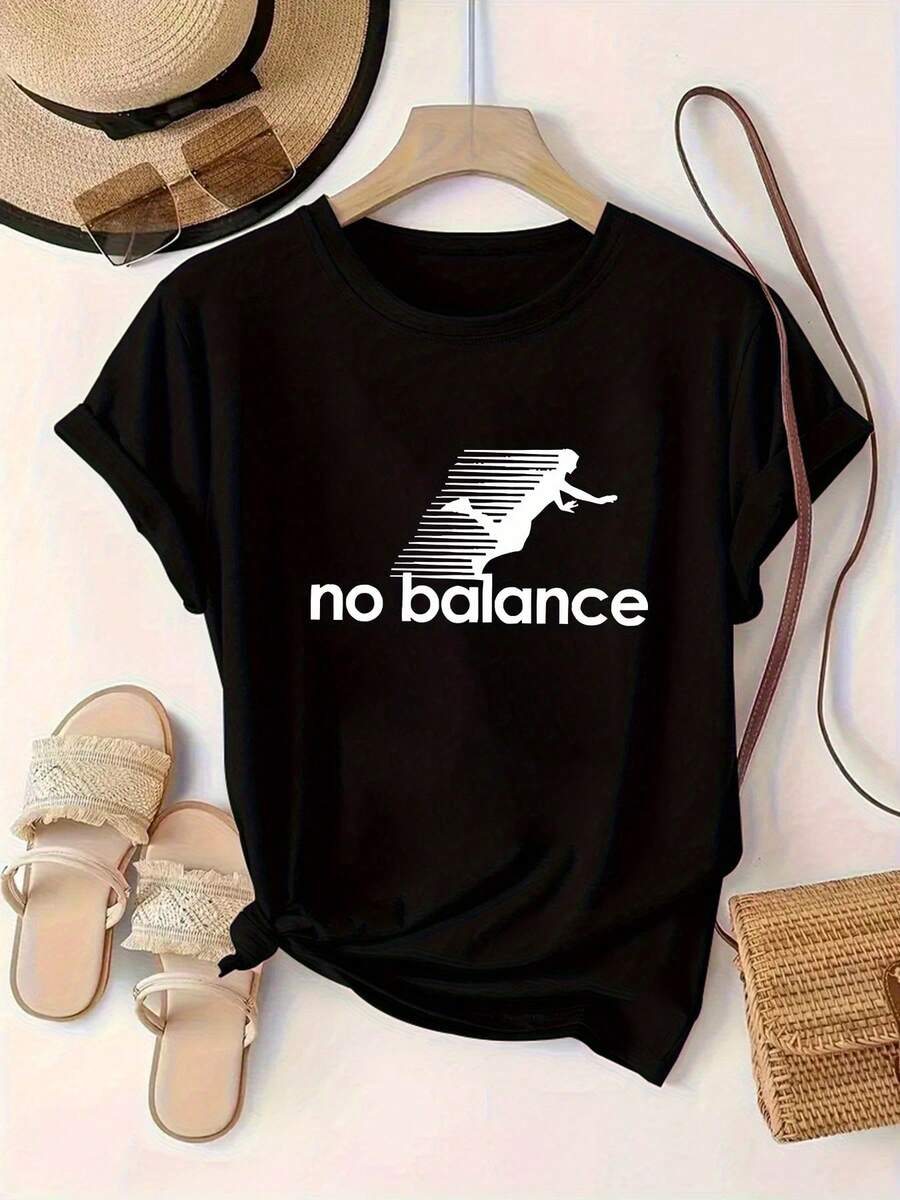 Camiseta para mujer con estampado de texto "no Balance" y gr£fico de figura saltando, cuello redondo y logo estampado