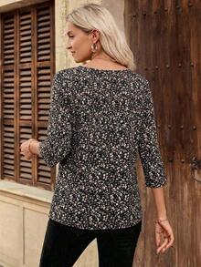 Camisa casual de mujer de manga larga y cuello redondo de unicolor - Negro - Ver 2