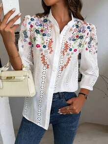 Clasi Blusa elegante con bordado, corte láser y estampado floral abombado informal para mujer, camisa de mujer para primavera y verano - Multicolor 2 - Ver 3