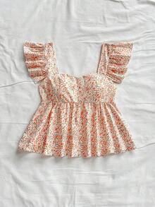 estilo babydoll holgado de cuello cuadrado para mujer "WYWH Vacation" - Top estilo babydoll de cuello cuadrado con estampado floral azul y mangas con volantes - Multicolor 3 - Ver 3