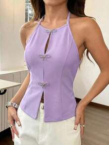 Top de tirantes de corte regular y unicolor sin mangas y escote trasero para mujer - Lila Púrpura - Ver 5