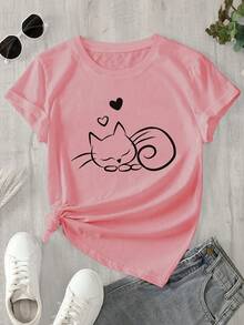 100% Knit Garment, Soft And Gentle On The Skin, Breathable And Moisture-Wicking, Comfortable And Sweat-Resistant. Printed With A Sleeping Sloth Cat And A Heart Pattern, Creating A Gentle Atmosphere. Short-Sleeved Design With A Round Neck, Modern And Versatile -8656 - 粉色 - 查看 2