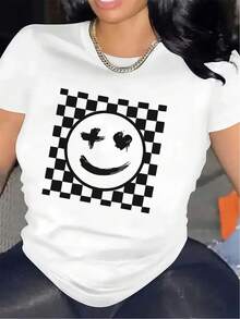 Women's T-Shirt With A Plaid  Face Print | Lightweight And Comfortable, Durable Design, Modern And Fashionable, Suitable For Casual Wear In The Living Room Or Dining Room, Round Neck, Slightly Stretchy Fabric. - 黑色 - 查看 7