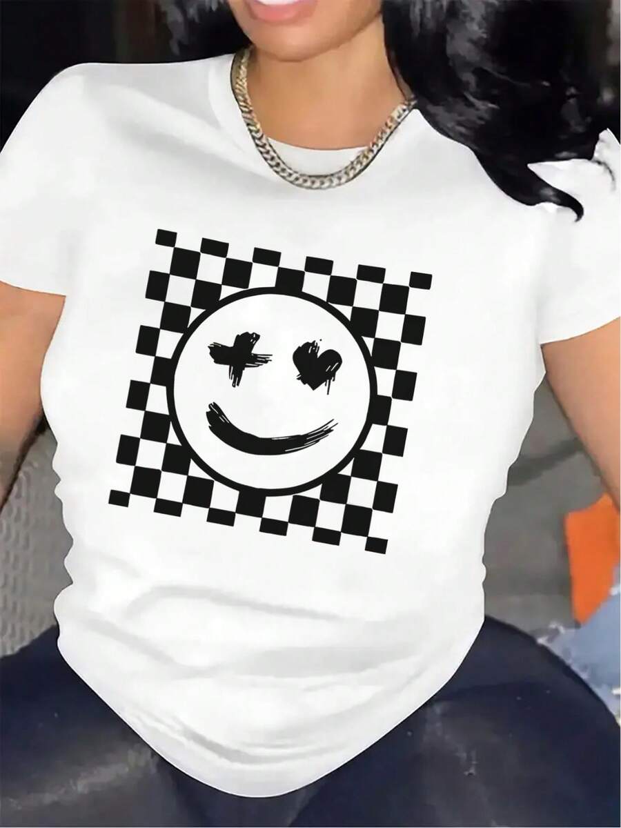 Women's T-Shirt With A Plaid Face Print | Lightweight And Comfortable, Durable Design, Modern And Fashionable, Suitable For Casual Wear In The Living Room Or Dining Room, Round Neck, Slightly Stretchy Fabric. - 白色 - 查看 1