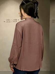 Black Long-Sleeved Shirt With A High Collar And Pleats, Elegant And Versatile Style - 棕色 - 查看 1