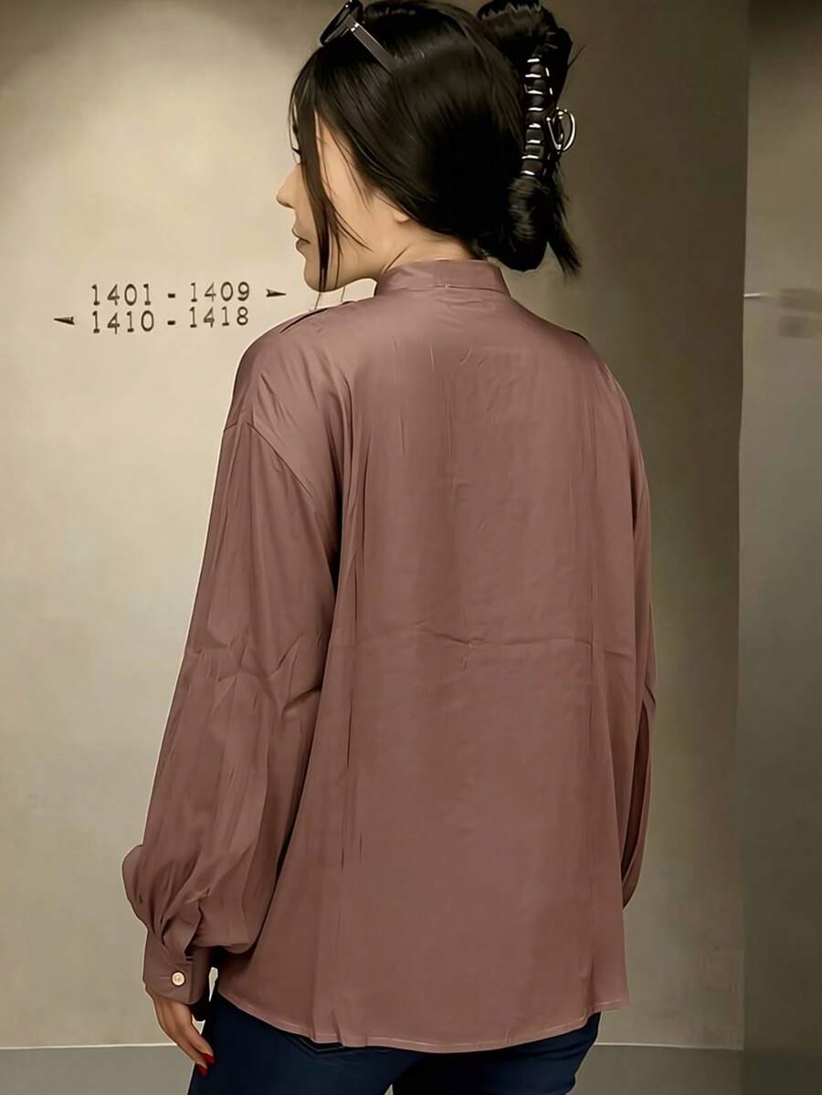 Black Long-Sleeved Shirt With A High Collar And Pleats, Elegant And Versatile Style - 棕色 - 查看 1