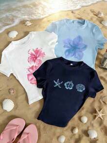 Women's Short-Sleeved T-Shirt With Round Neck, Fitted Cut, With Floral And Shell Prints, Simple And Elegant, Suitable For Summer, An Ideal Choice For Women's Casual Daily Wear. - 黑色 - 查看 7