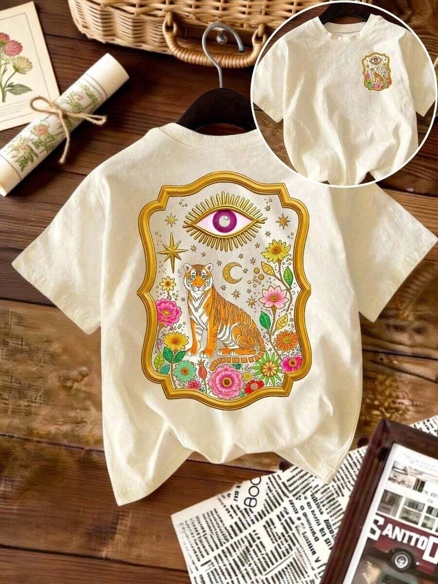 Women's Casual T-Shirt, Mysterious Tiger Art T-Shirt - Surrealist T-Shirt, Pink And Gold Tiger T-Shirt For Summer (Sweet And Refreshing, For Teenagers, Unisex) - 杏 - 查看 1