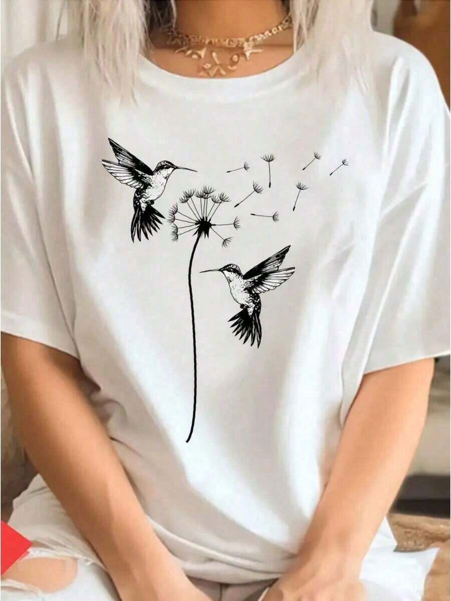 ropa de mujer Camiseta Suave para Mujer con Estampado de Colibrí y Diente de León – Cuello Redondo, Manga Corta, Ligera y Transpirable para Moda Veraniega 100% Algodón camisas de mujer - Blanco - Ver 1