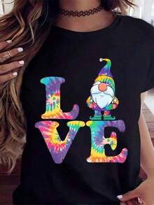Gnome Tie Dye Love Print T-Shirt, Summer Casual Wear, 220g Women's T-Shirts - 黑色 - 查看 3
