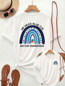 Camiseta Casual de Verano para Mujer [Doble Cara]ImprimirMujeresPrimavera/VeranoInformalEstiloConARedondoEscoteYCortoMangas,Con características destacadasAArcoírisArcoPatrón,ACentralRompecabezasPiezaYElTexto"USTEDESROPAAZULPARAAUTISMOCONSCIENCIAEncendidoElSuperiorYParte inferior,AdecuadoParaTodosEstaciones del año,100%Algodón - Blanco - Ver 11