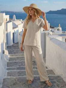 Faunlyn Conjunto de 2 piezas de camisa y pantalones de unicolor casual de vacaciones para mujer - Azul lavado medio - Ver 11