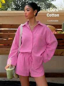 Conjunto de camisa tejida blanca y pantalones cortos de verano, nuevo y casual para vacaciones de mujer - Rosa Fucsia - Ver 1