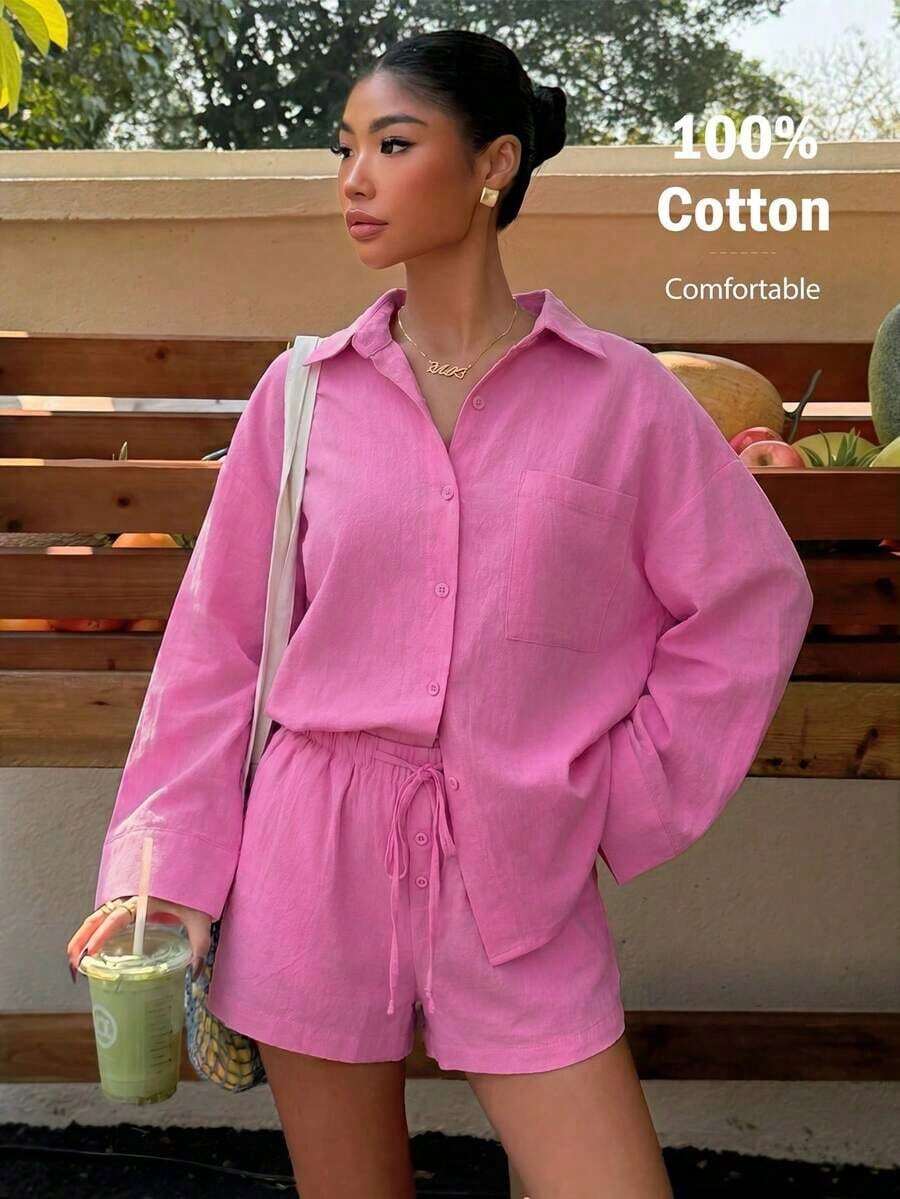 Conjunto de camisa tejida blanca y pantalones cortos de verano, nuevo y casual para vacaciones de mujer - Rosa Fucsia - Ver 1