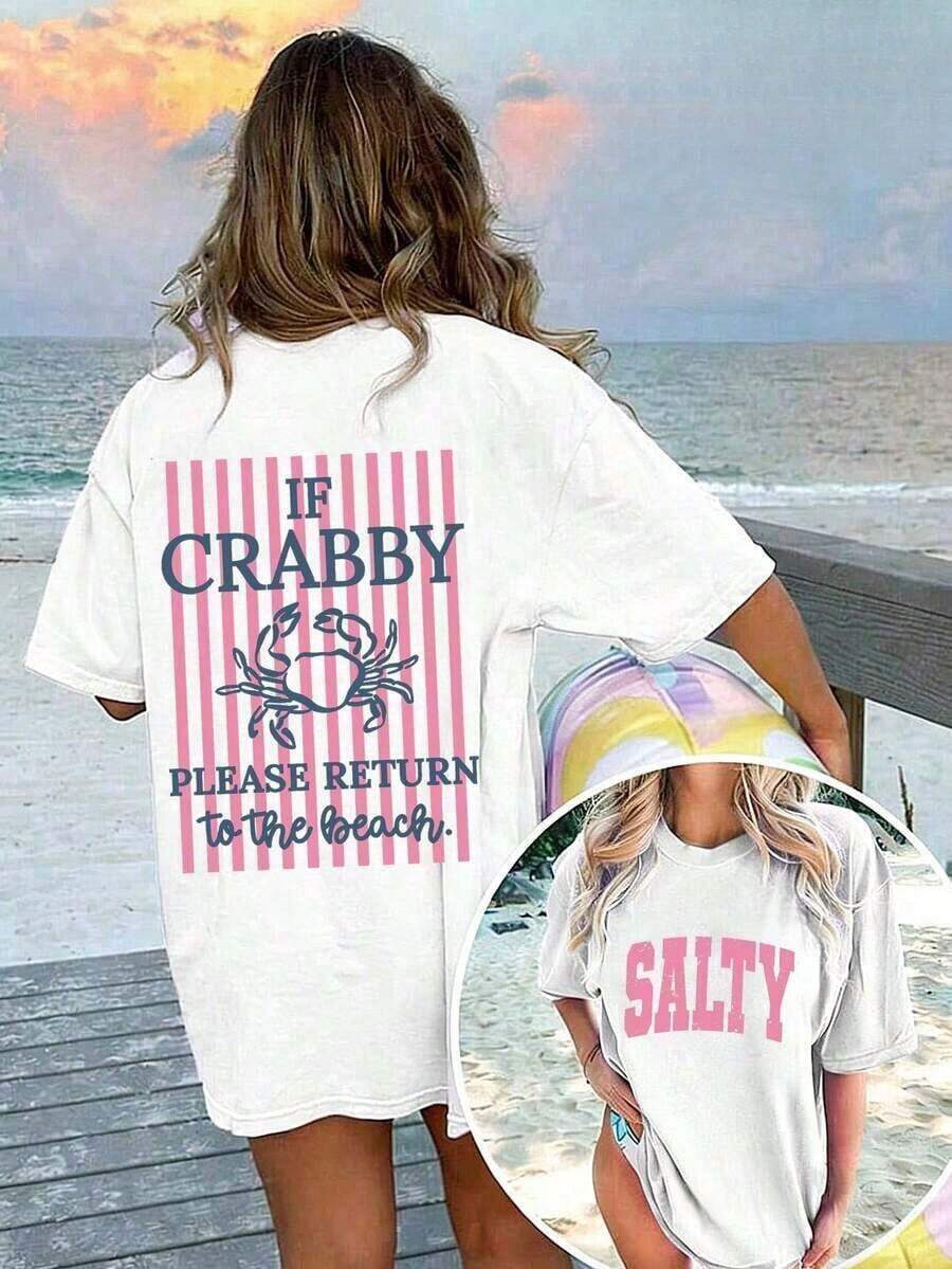 Women's 100% Cotton Graphic Graphic T-Shirt With Double Print "If I'm In A Bad Mood, Please Go Back To The Beach" And "Salty", Casual And Oversized Summer Style | Summer Clothes | Holiday Outfits Pure Cotton T-Shirt 100% Cotton 100% Cotton - 白色的 - 查看 1