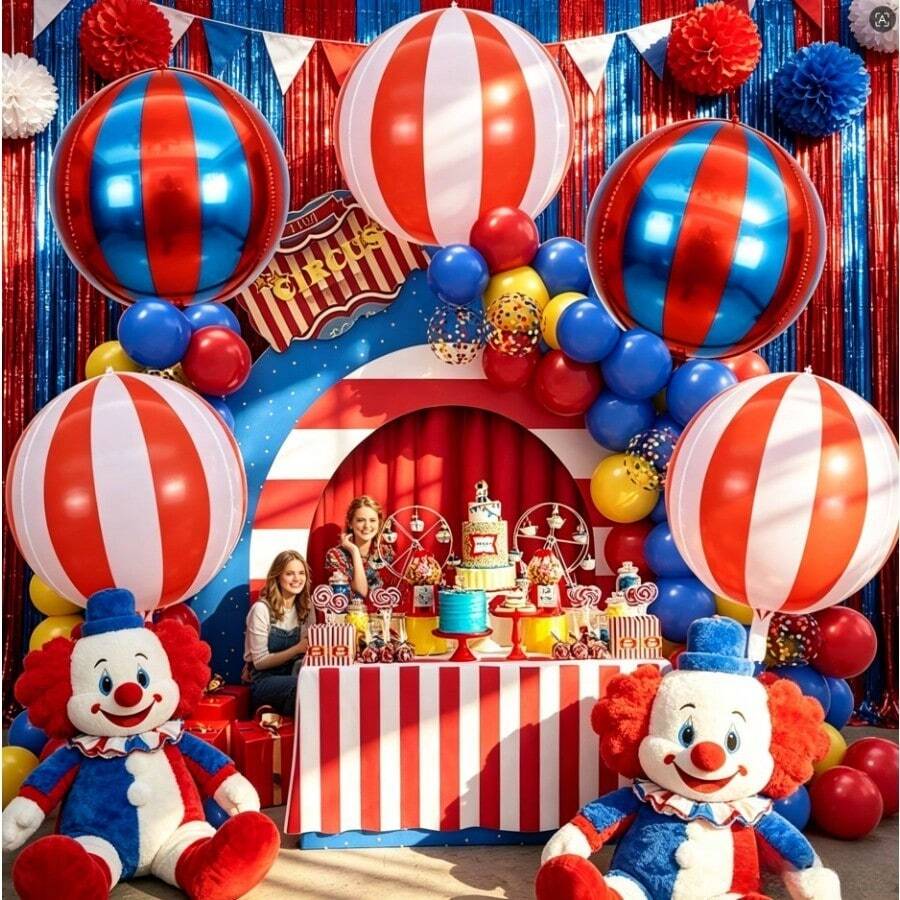 Elegant Striped 4D Round Foil Balloons Set, Red White And Blue Mylar Party Decor, Circus Carnival Gala Backdrop, 4th Of July Decorations, Father's Day Gift, Mother's Day Gift, Graduation, Appreciation Day Gifts, Anniversary, Birthday, Outdoor Inflatable Pool Party Supplies, Home Décor Room Decor, Balloon Wall Art Photo Props - View 1