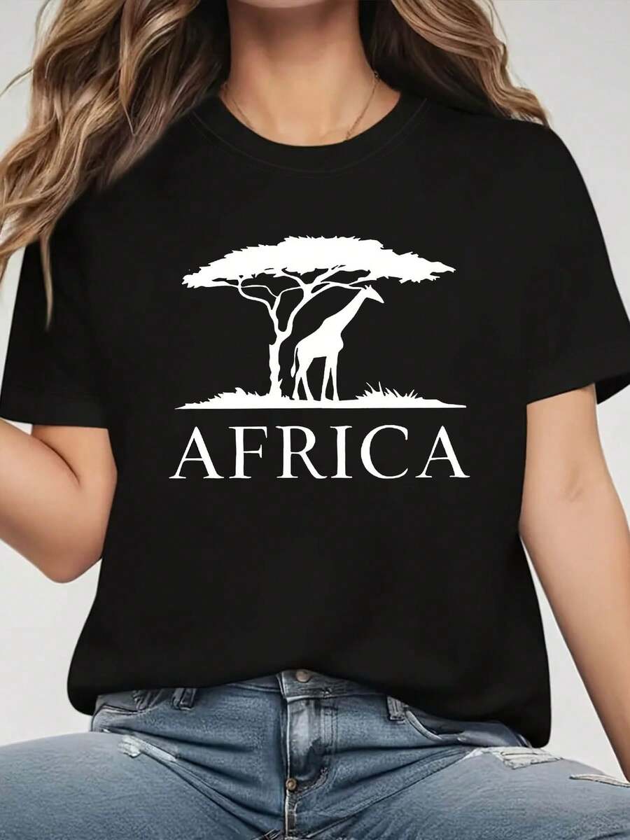 Simple And Versatile Design: Inspired By The Healing Relaxation Of Africa, This Design Features An African Acacia Tree And Giraffe Motif. This Fashionable, Casual Women's T-Shirt Has A Round Neck And Is Perfect For Spring And Summer. Its Creative Style Makes It Comfortable For Everyday Wear And Outings. Made From Cotton. - 黑色 - 查看 1