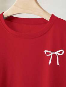 Camiseta de manga corta con estampado de lazo, versátil para uso diario y desplazamientos, de  para mujer, verano. - Rojo - Ver 5