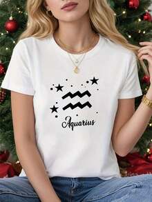 Women's White Short Sleeve T-Shirt With Zodiac Star And Water Constellation Print - Casual Round Neck Blouse, Machine Washable, Summer And All Season Top For Astrology Themed Outfits (Not Women's Blouses>Clothing) - 白色 - 查看 1