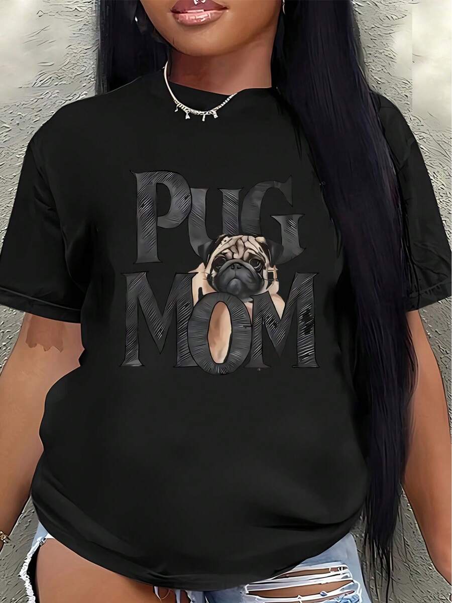 Polyester Short-Sleeved T-Shirt, Printed With A Pug Mom Design, Lightweight And Durable, Suitable For Casual Wear At Home Or Outdoors, An Ideal Choice For Dog Lovers In Lounges Or Cafes. Women's Blouses > Clothing - 黑色 - 查看 1