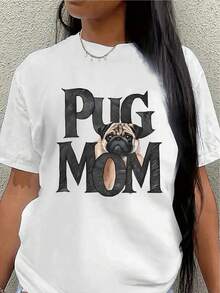 Polyester Short-Sleeved T-Shirt, Printed With A Pug Mom Design, Lightweight And Durable, Suitable For Casual Wear At Home Or Outdoors, An Ideal Choice For Dog Lovers In Lounges Or Cafes. Women's Blouses > Clothing - 白色 - 查看 1