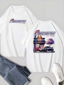 100% Cotton Men's T-Shirt, Crew Neck T-Shirt With The Inscription "SPEED LEGEND", Graphic Print With JDM Car And Japanese Street Scene, Casual Short-Sleeved Top - 白色 - 查看 1