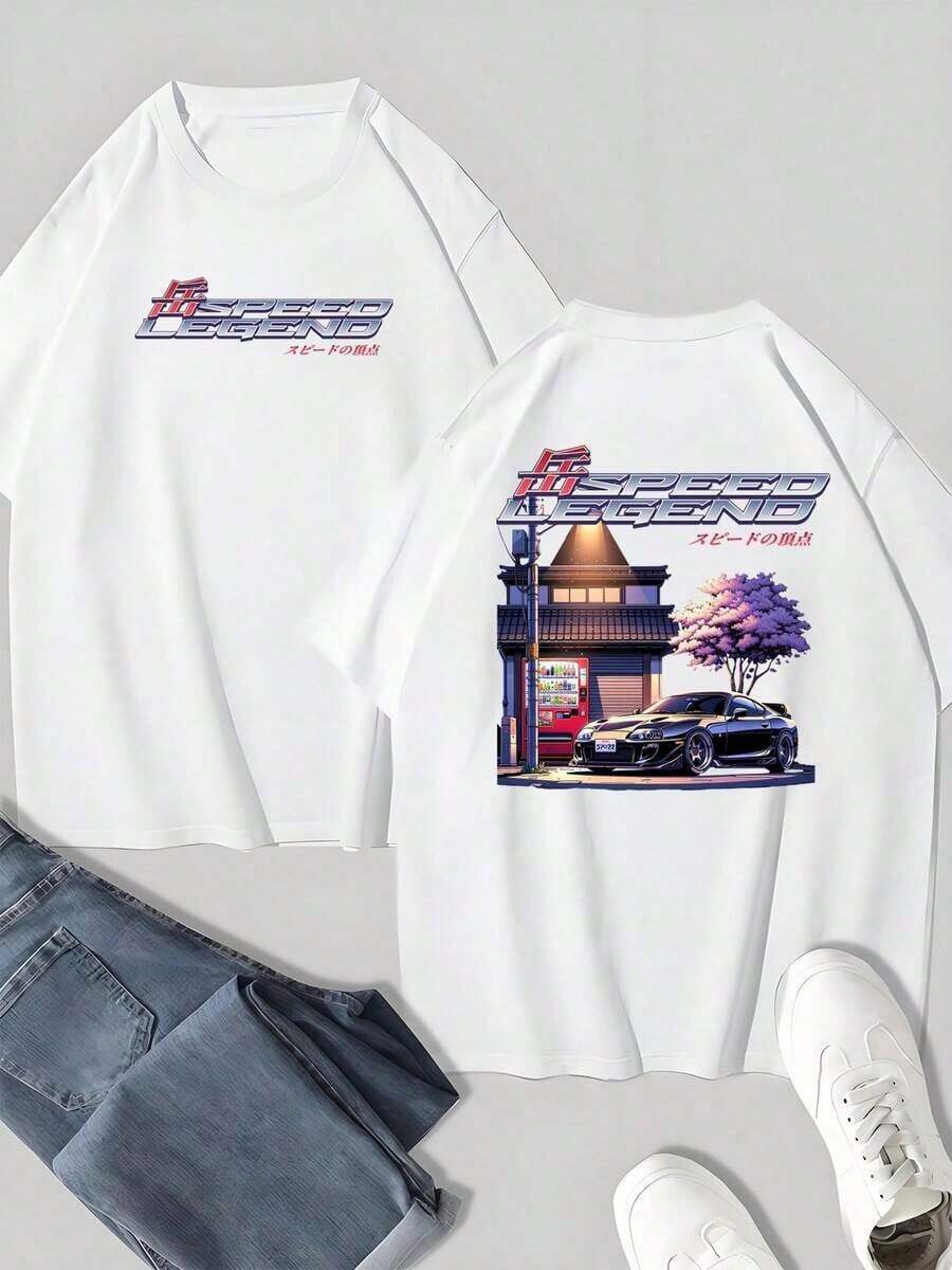 100% Cotton Men's T-Shirt, Crew Neck T-Shirt With The Inscription "SPEED LEGEND", Graphic Print With JDM Car And Japanese Street Scene, Casual Short-Sleeved Top - 白色 - 查看 1