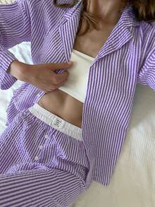 Nina Bonheur 2pcs Set Piyama Lengan Panjang Bergaris Kancing Depan untuk Wanita + Celana Serut, Setelan Pakaian Tidur yang Lucu - Purple - View 3