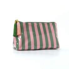 2026 Nuova borsa cosmetica a righe in PVC con nappe e cerniera, borsa da toilette da viaggio impermeabile - Sottili strisce verdi e rosa - Visualizzare 20