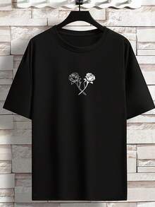Men's Short Sleeve T-Shirts 2026, Stretchy Rose Print T-Shirt With Round Neck, Oversized Short Sleeve Top, Plus Size Casual Clothing For Spring Summer, Valentine's Day Print Streetwear - 黑色 - 查看 3