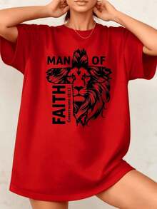 Women's T-Shirt With Lion Graphic Print, Bible Verse 'Man Of Faith', 100% Cotton, Crew Neck, Casual Style, 1 Piece. Excellent Gifts For Friends And Family. - 紅色 - 查看 1