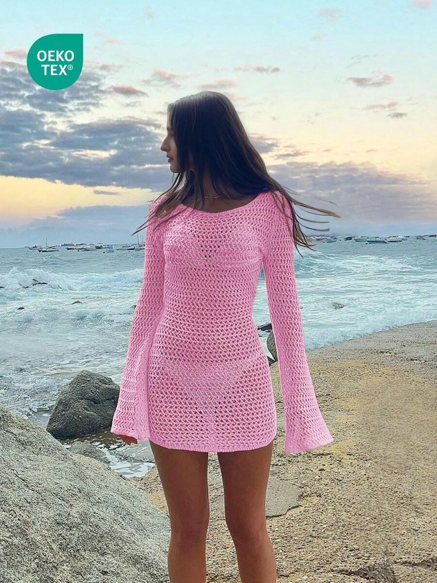 Vestido corto de playa de manga larga, transparente y con espalda descubierta, de unicolor y sexy para mujer, ideal para vacaciones de primavera/verano - Rosa Pálido - Ver 1
