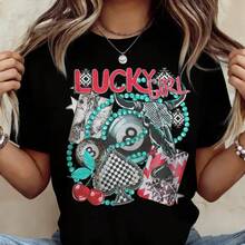 Vintage Western Retro Style T-Shirts With Lucky Number 8 In Turquoise, Country Style Plaid T-Shirts, Casual Women's Clothing, Cotton Crew Neck T-Shirt For Everyday Wear - 黑色 - 查看 8