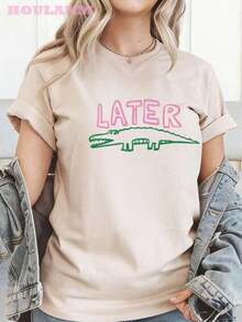 Women's Crocodile Print T-Shirt "Later Gator" | Spring Tops, Plus Size Short Sleeve T-Shirt, Women's Clothing, Summer Clothes For Women - 杏色 - 查看 1