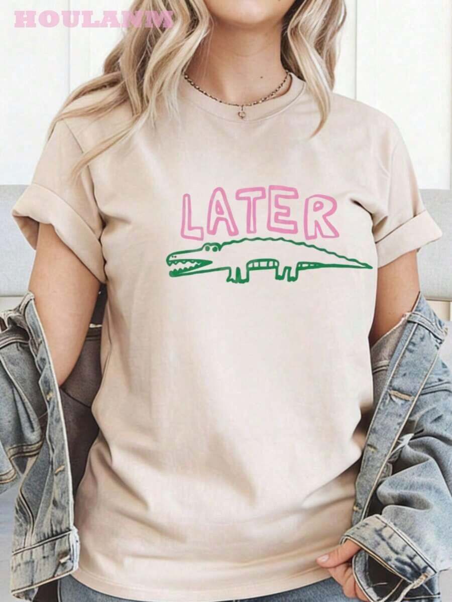 Women's Crocodile Print T-Shirt "Later Gator" | Spring Tops, Plus Size Short Sleeve T-Shirt, Women's Clothing, Summer Clothes For Women - 杏色 - 查看 1