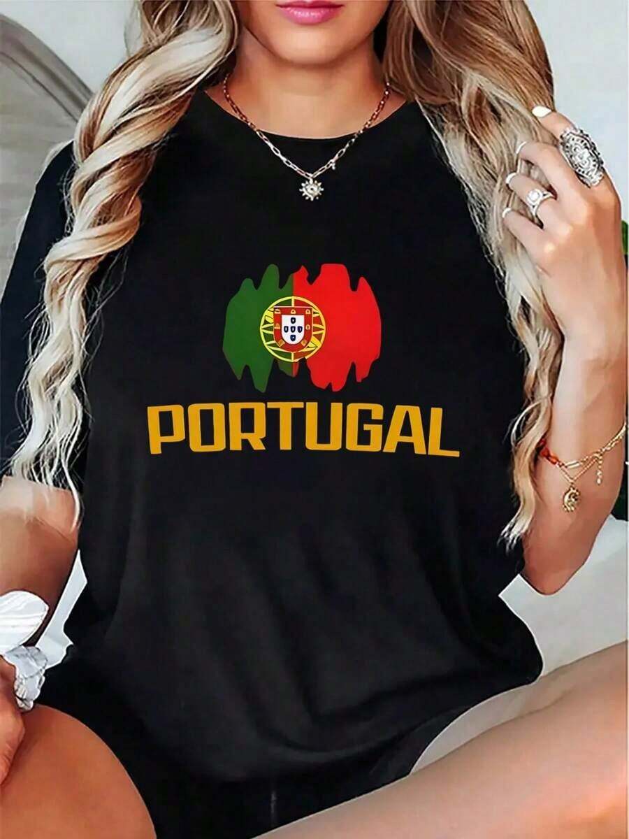 Women's Lightweight Summer Short-Sleeve T-Shirt With Vibrant Portugal Flag Print - Casual, Stylish, And Breathable Polyester T-Shirt For Sports And Leisure. | Flag Print T-Shirt | Non-Transparent Material: Cotton T-Shirt. Ideal Gift. - 黑色 - 查看 1