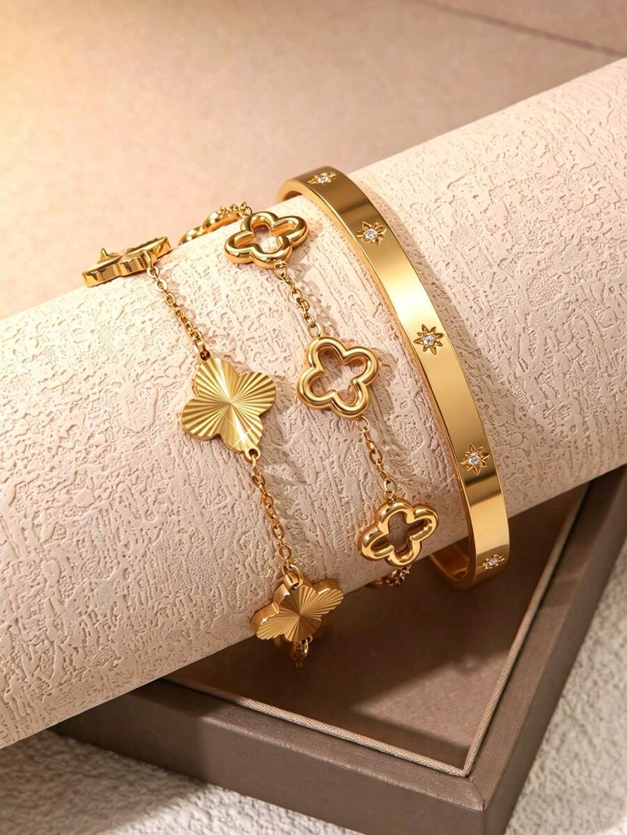 VceTd 1 Set Perhiasan Stainless Steel Motif Daun Semanggi yang Modis, Cocok untuk Wanita, untuk Bepergian atau Pemakaian Sehari-hari