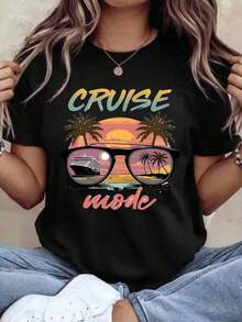 T-Shirt With Cruise Ship Design, Tropical Sunset And Sunglasses For Holidays, Travel And Summer Getaways, 220g - Unisex Vintage Urban Style, Loose Cotton Short Sleeve T-Shirt With Round Neck, 100% Cotton - 黑色 - 查看 7