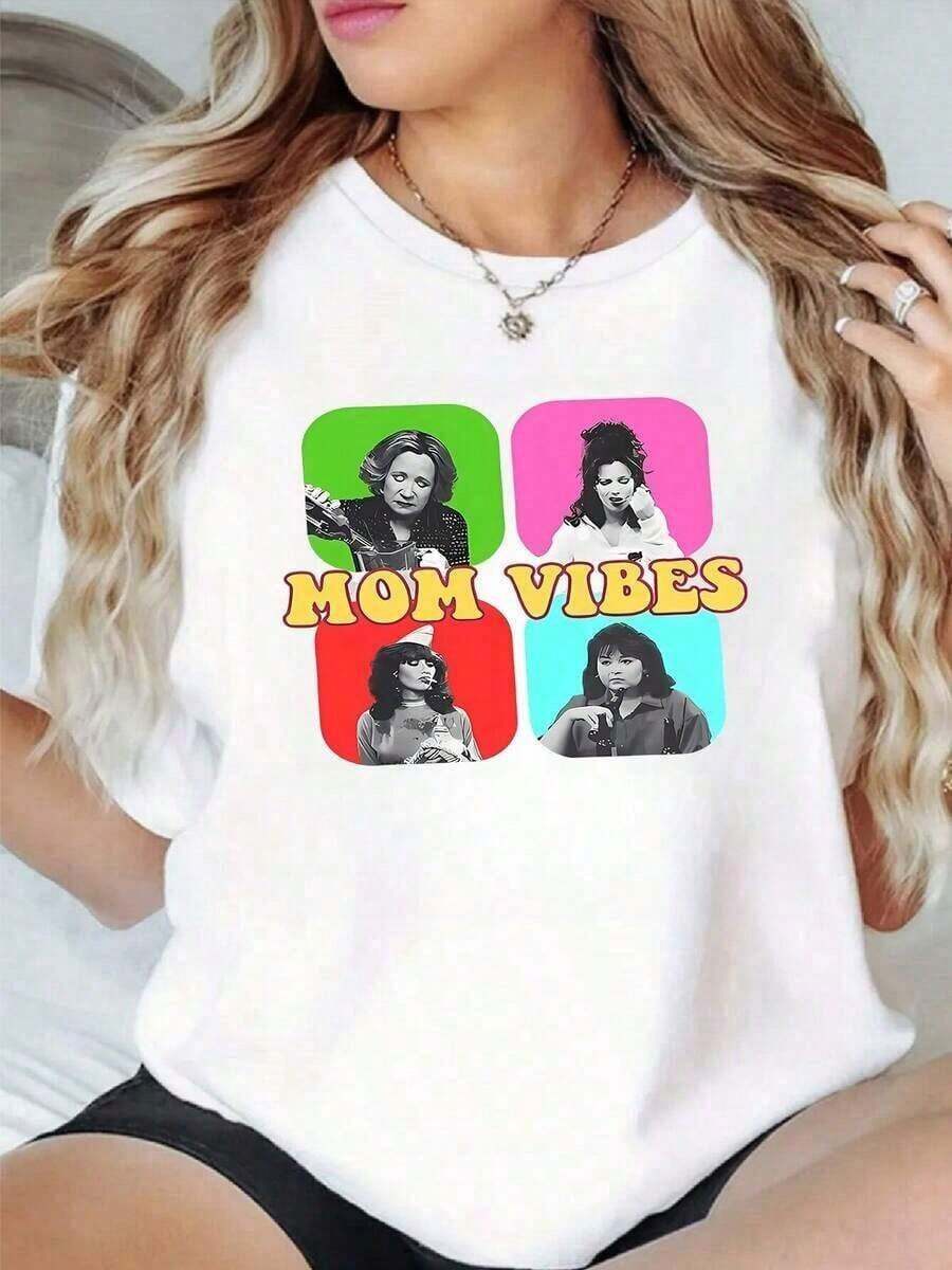 Camiseta Básica de Mujer con Estampado Gráfico "Mom Vibes", 1 Pieza, 100% Algodón, Cuello Redondo, Manga Corta, Corte Holgado, para Uso Diario, Ropa de Algodón Cómoda para Mujer, 100% Algodón - Blanco - Ver 1