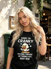 Women's Funny Duck Print Short Sleeve T-Shirt, "Sorry I'm So Grumpy." I'm Currently Going Through A Terrible 60s Graphic Tee, Summer Clothes, Oversized T-Shirt, Streetwear, Casual, Crew Neck, Cotton, Fashion, Women's Summer Outfits, Loose T-Shirt, Everyday Wear. - 黑色 - 查看 2