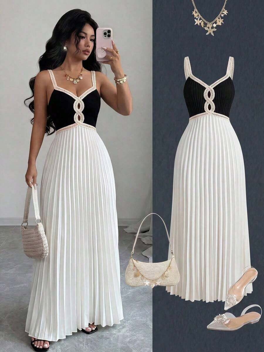Vestido plisado de línea A con cintura ceñida, cuello en V sin mangas y contraste de colores, vestido elegante y romántico delicado para mujeres, temporada de bodas, fiestas, con decoración de ribete floral - Multicolor - Ver 1