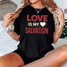 Women's 2026 Short Sleeve Black Shirt With 'Love Is My Salvation' Print, Casual Clothing, Casual Blouses For Women - 黑色 - 查看 7